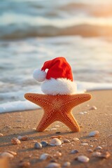 Festive coastal scene featuring a starfish wearing a Santa hat on a sandy beach with soft ocean waves in the background, symbolizing tropical Christmas celebration and holiday vacation atmosphere