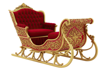Ornate antique red velvet sleigh with intricate gold detailing isolated on transparent background