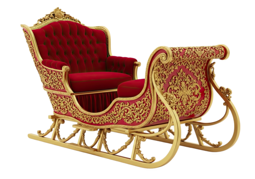 Ornate antique red velvet sleigh with intricate gold detailing isolated on transparent background