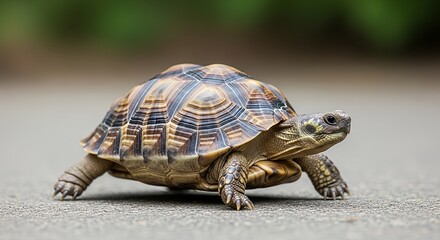 Fototapeta premium Slow wild tortoise walking on grass with shell in nature