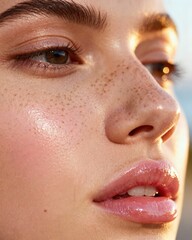 Fototapeta premium Glowing skin close-up with natural freckles, smooth hydrated complexion, beauty skincare routine, sun-kissed healthy glow Glowing portrait with freckles and shimmering skin.
