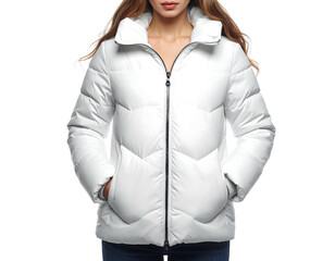Woman in bright white puffer coat with zipper, standing against a dark background