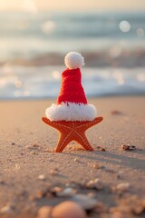 Festive coastal scene featuring a starfish wearing a Santa hat on a sandy beach with soft ocean waves in the background, symbolizing tropical Christmas celebration and holiday vacation atmosphere