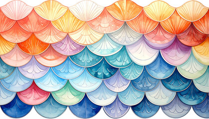 Watercolor scales cascade downwards, transitioning through a vibrant spectrum of colors