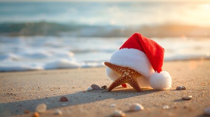 Festive coastal scene featuring a starfish wearing a Santa hat on a sandy beach with soft ocean waves in the background, symbolizing tropical Christmas celebration and holiday vacation atmosphere