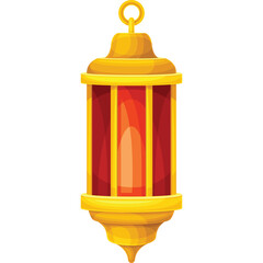 Traditional Islamic Lantern With Red Glass Panes And Gold Metal Frame Hanging Indoors With Soft Light Emanating From Within