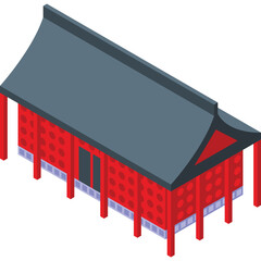 Traditional Japanese Building With Red Walls And Dark Grey Roof Viewed From An Isometric Angle With A Transparent Background