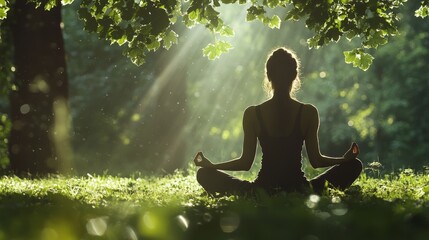 back of calm woman meditating beneath canopy of leaves in green forest light rays illuminating her aura peaceful pose symbolizing inner balance serenity and emotional healing