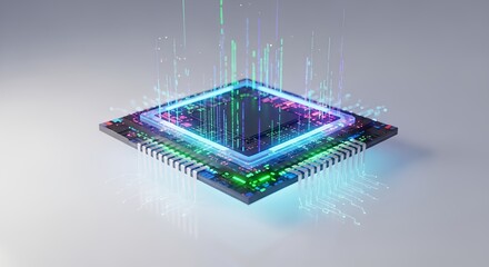 The electronic circuit board with a central digital processor chip on a blue background is a key component for computer technology