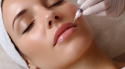 beautician performing non-surgical cosmetic treatment close-up on lips gentle lighting capturing procedure moment skincare and rejuvenation concept