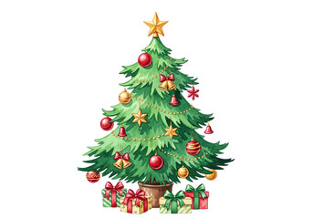 Fototapeta premium Festive watercolor decorated christmas tree with presents at the base isolated on transparent background