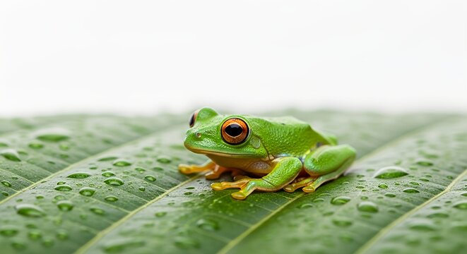 A cute, small green tree frog (Hyla arborea) is a wildlife amphibian clinging to a leaf, captured in a macro closeup