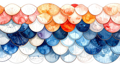 Watercolor scales in gradient hues of orange, red, blue, and white, forming an abstract, textural pattern