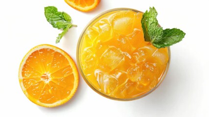 A glass of orange juice topped with fresh lemon slices. - Powered by Adobe