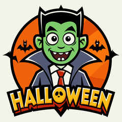 Cartoon halloween vampire with green skin and bats against an orange circle and halloween text below