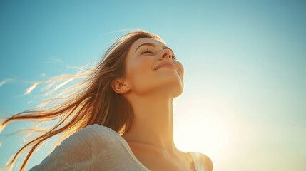 horizontal portrait of fit woman basking in sunlight arms slightly raised face tilted upwards wind blowing hair serene expression clear sky as backdrop summer vitality and freedom