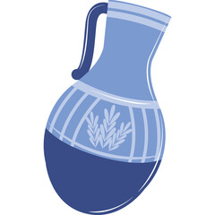 Traditional Blue Ceramic Pitcher With Wheat Motif And Striped Pattern On A Transparent Background