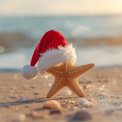 Festive coastal scene featuring a starfish wearing a Santa hat on a sandy beach with soft ocean waves in the background, symbolizing tropical Christmas celebration and holiday vacation atmosphere