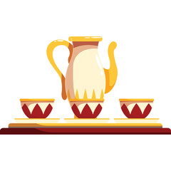 Traditional Coffee Pot and Cups Set in Cream Yellow and Burgundy Colors on a Dark Red Tray with a Transparent Background