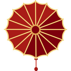Traditional Chinese Sun Umbrella with Red and Golden Hues and Decorative Tassel Isolated on White Background