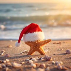 Festive coastal scene featuring a starfish wearing a Santa hat on a sandy beach with soft ocean waves in the background, symbolizing tropical Christmas celebration and holiday vacation atmosphere