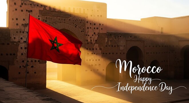 Morocco Independence Day: Flag, Ancient Architecture, Golden Sunlight, Celebration.
