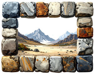 Stone frame, desert landscape background, featuring sandy terrain, mountain range, and muted, desaturated hues