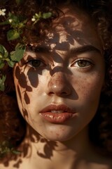 Artistic portrait of a young woman with curly hair and freckles illuminated by warm sunlight and natural shadows through leaves, expressing emotion and beauty in harmony with nature and golden light t