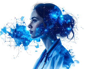 Woman in medical attire overlaid with glowing constellations & geometric shapes, side profile against a black background