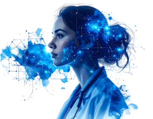 Woman in medical attire overlaid with glowing constellations & geometric shapes, side profile against a black background