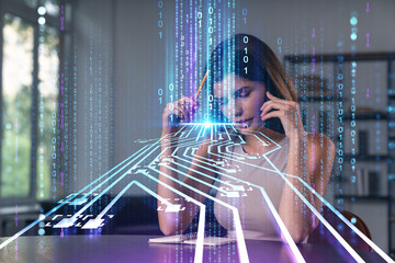 Smiling businesswoman in casual wear holding using smartphone typing at office workplace with notebook. Concept of distant work, business education. Ai icons hologram