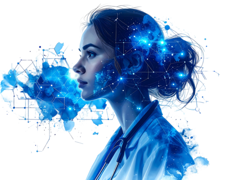 Woman in medical attire overlaid with glowing constellations & geometric shapes, side profile against a black background