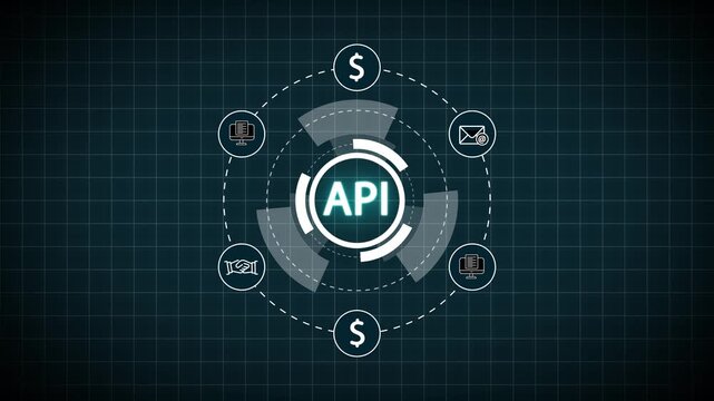 Digital interface with API text in the center and surrounding icons Keywords: API, application, programming, interface, integration, connection, data, exchange, technology, digital, futuristic