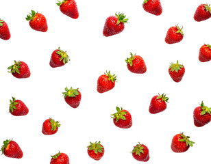 Strawberries scatter across stark black, red fruits, and verdant green stems in vibrant, appealing pattern