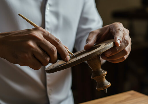 Artisan's hands carefully restoring an antique wooden object. Close-up of a craftsman using a precision tool for detailed work in a workshop