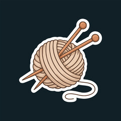A cartoon illustration of a ball of yarn with knitting needles on a dark blue background sticker style