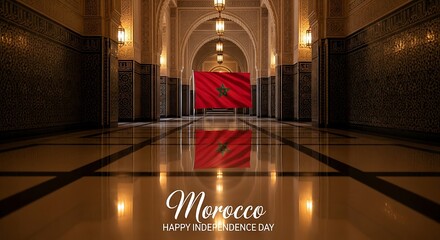 Morocco Independence Day: Grand Hall with Flag Reflection and Warm Lighting