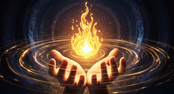 A Golden Flame of Divine Guidance and Spiritual Transformation Floating Above Open Hands JPG