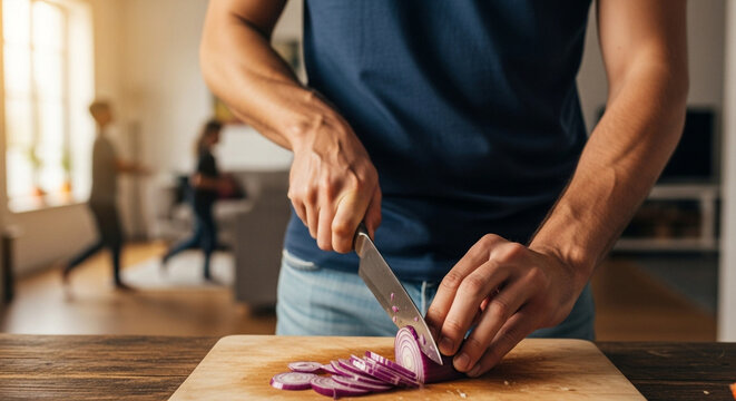 Close up of man cutting red onion on wooden board in kitchen with family in background