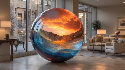 Captivating Spherical Art Piece with Vibrant Swirling Landscape Reflecting Warm Hues and Natural Light in a Stylish Interior.