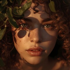 Artistic portrait of a young woman with curly hair and freckles illuminated by warm sunlight and natural shadows through leaves, expressing emotion and beauty in harmony with nature and golden light t