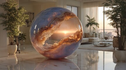 Captivating Spherical Art Piece with Vibrant Swirling Landscape Reflecting Warm Hues and Natural Light in a Stylish Interior.
