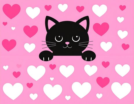 A happy black cat with heart-shaped eyes peeking over a pink background