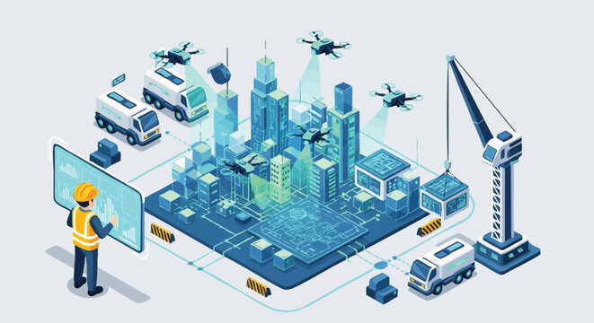 An isometric illustration depicts a construction worker overseeing a smart city project, utilizing drones and digital interfaces for urban development.