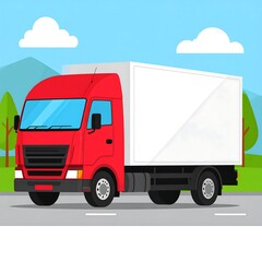 A red delivery vehicle with a white cargo hold against a landscape