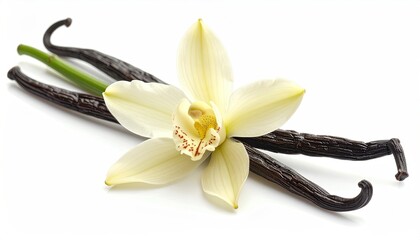 Vanilla Orchid Flower With Dark Vanilla Pods On A White Background Isolated Detailed Macro Studio Shot