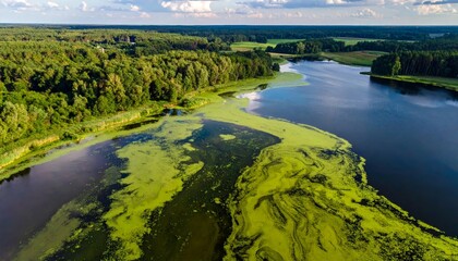 Fototapeta premium Green algae on the lake. Aerial view of nature