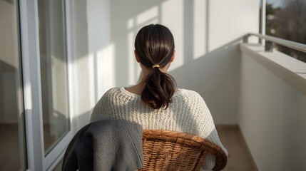 Peaceful morning scene of a woman sitting on a balcony in sunlight, wrapped in a cozy sweater and blanket, enjoying quiet solitude and minimalist comfort in a serene contemporary home setting