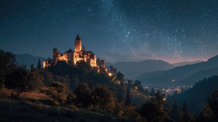 
Enchanted Castle Glowing Under a Starry Night Sky. A Magical, Dreamy, and Ethereal Atmosphere Captured in Art.

