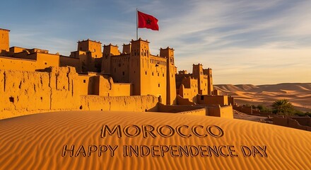 Morocco Independence Day: Sand Inscription & Ancient Kasbah with Flag at Sunset